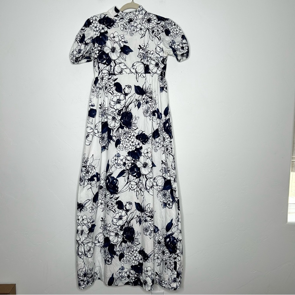 Vintage 70's Floral Blue White‎ Maxi Dress Puff Sleeve Empire Waist Size 4/6